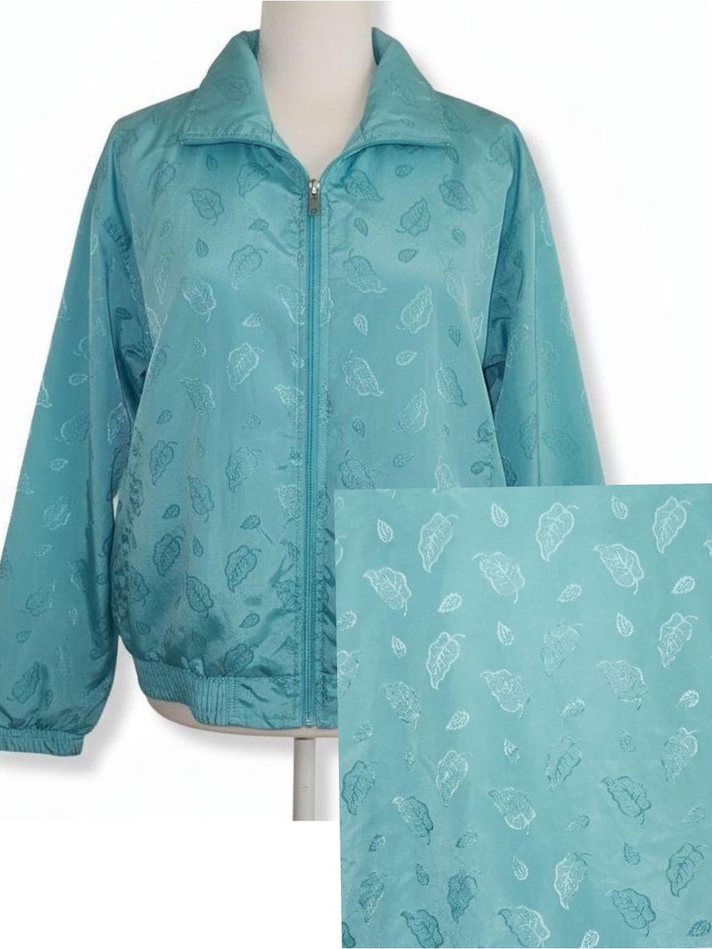 Vintage Satin Bomber Jacket Teal Leaf Embossed Petite Large L 90s Retro